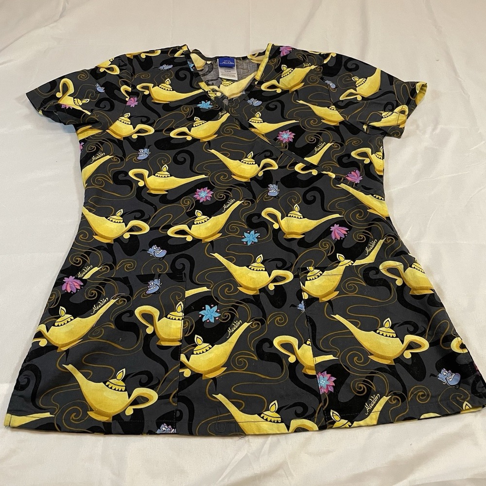 DISNEY ALADDIN Gray Genie Lamps Cotton Pullover V-Neck Scrub Top Women's Small